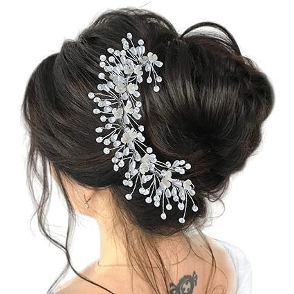 Hair Accessories For Women’s & Girls For Wedding – Artificial Flowers & Pearl Style Juda Bun Accessories – Floral Bridal Brooch & Hair Pins – Hairstyle Decoration Bride Clips, Silver White