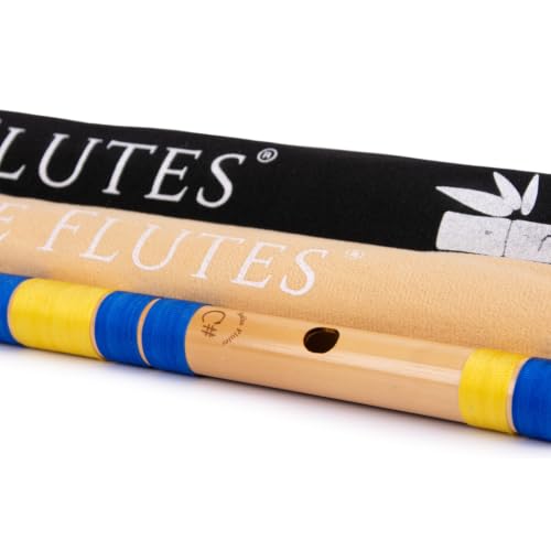 Image of Radhe Flutes Bamboo Bansuri C Sharp Right Handed Middle Octave (18 inch) With Hard Cover (Beige Flute With Blue & Yellow Threads)