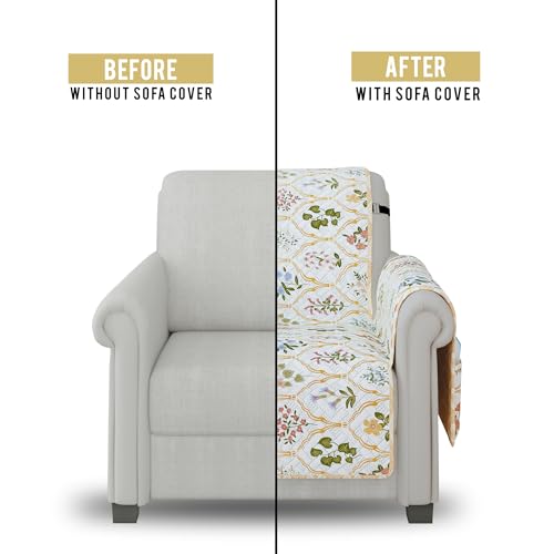 Image of Story@Home Quilted Sofa Cover 1 Seater Fully Covered Stretchable Microfiber Sofa Cover 1 Seater 60x175cm Beige & Green Floral & Motif 1 Seater Sofa Cover for Living Room|Create Your own Customized Set