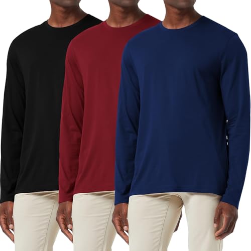 3-Pack Herren Baumwollhemd Loose Fit Langarm T-Shirt Feuchtigkeitsableitend Rundhalsshirts Komfort Casual Base Layer Tops Schwarz/Marine/Rot-3P03-L