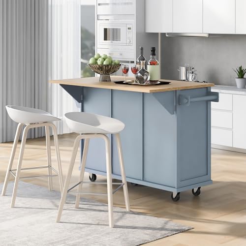 RITSU-Cart-with-Drop-Leaf-Countertop-Kitchen-Island-on-5-Universal-Wheels-with-Open-Shelves-Storage-Cabinet-and-3-Drawers-Large-Rubberwood-Top-Breakfast-Bar-for-Dining-Room-Grey-Blue-531Inch RITSU Cart with Drop Leaf Countertop Kitchen Island on 5 Universal Wheels with Open Shelves Storage Cabinet and 3 Drawers Large Rubberwood Top Breakfast Bar for Dining Room Grey Blue 531Inch