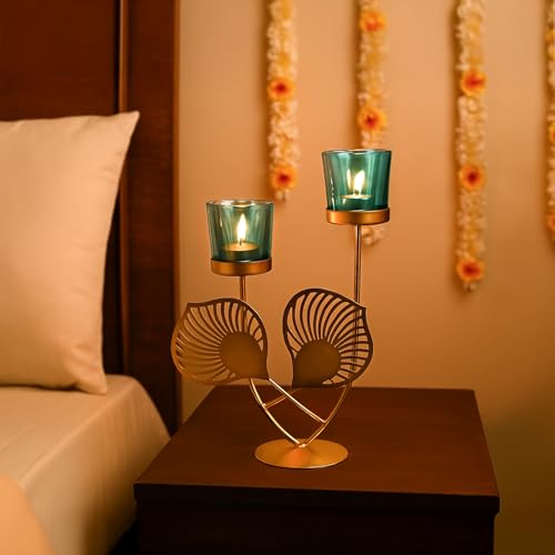 Image of MARKET 99 Metal+Glass 2 Votive T-Light Holder Leaf Shape | Decorative Candle Holder for Diwali, Christmas, Birthday & Wedding | Elegant Home Decor Accent for Festive & Ambient Lighting | Golden & Blue