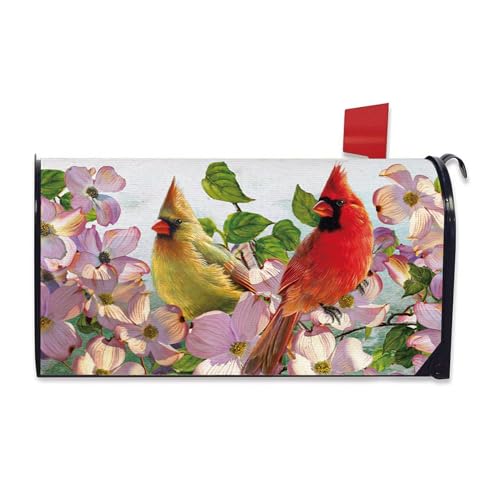 Image of Spring Summer Cardinal Mailbox Cover Magnetic Standard Size 20.5 inch x 18 inch, Red Birds Dogwood Flower Decorative Post Letter Box Wrap Decor, Floral Seasonal Garden Yard Outdoor Decoration