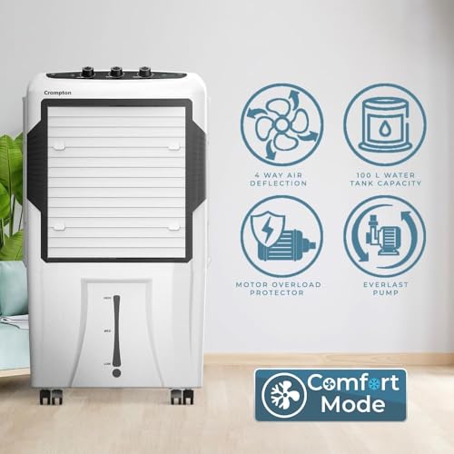 Image of Crompton Optimus Comfort 80L Desert Air Cooler for Home | Honeycomb Pads | 5500 m3 /hr Air Delivery | Humidity Control | Everlast Pump | Low Noise | Auto Fill | White (80 Liter)