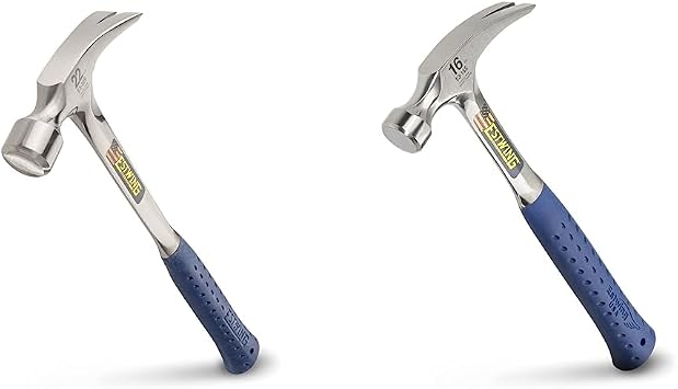 Estwing E322S 22 oz Straight Claw Hammer with Smooth Face & Shock Reduction Grip, Silver & Hammer - 16 oz Straight Rip Claw with Smooth Face & Shock Reduction Grip - E3-16S