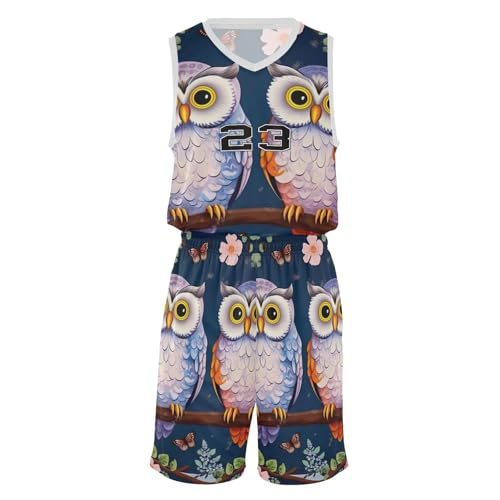 FLildon Owls on Floral Branch Boys Basketball Jersey Set Tank Top Shorts Tracksuit Sport Training Suit for Kids, L