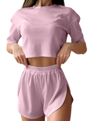 Image of Remidoo Women's Split Shorts Pajama Set Short Sleeve Tops and Shorts 2 Piece Pjs
