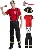 Maxim Party Supplies Men's 4 Piece Firefighter Costume, Professional Uniform Set with Helmet, Suspenders, Shirt, Accessories (Medium)
