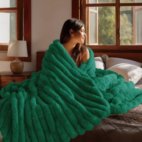 Image of BEDELITE Faux Fur Throw Blanket for Couch, 770GSM, 60 inch x 80 inch, Dark Green | Soft and Cozy Luxurious 3D Striped Fluffy Blanket, Warm Plush Fuzzy Faux Rabbit Fur for Women Gift, Stylish Room Decor