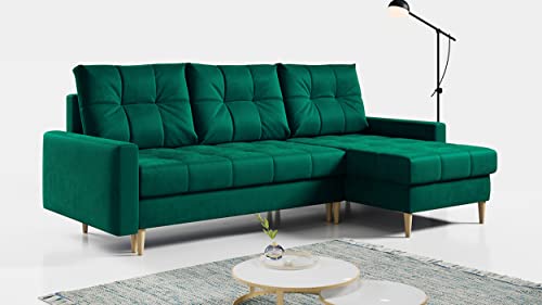 MKS MEBLE Ecksofa - L-Form Sofa mit Schlaffunktion - Wohnlandschaft L Form, Ecksofa mit Schlaffunktion und Bettkasten, Schlafsofa mit Bettkasten, Couch mit Schlaffunktion - Grün Astra