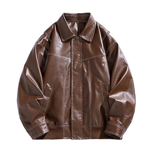 XUNRYAN Mens Faux-Leather Bomber Jackets Vintage Motorcycle Button Zip Up Vegan PU Baseball Jacket Winter Coat Outerwear