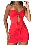 SOLY HUX Women's 2 Piece Outfits Ruched Split Asymmetrical Strapless Bandeau Tube Tops and Bodycon Mini Skirt Set Solid Red Medium