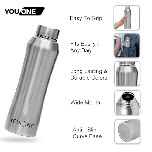 Image of YOUONE Stainless Steel Water Bottle (1 Litre, Set of 1)| Leak Proof Thunder for Fridge Home Office Travel School Kids Boys Girls Adults Sports Gym Yoga (Silver)