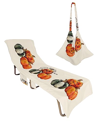 Orange Green Pumpkins, Beach Lounge Chair Towel Cover, Soft Chaise Lounge Towel with Side Pockets Patio Pool Chairs Cover for Beach/Pool Sunbathing 29x85 Fall Thanksgiving Autumn Harvest