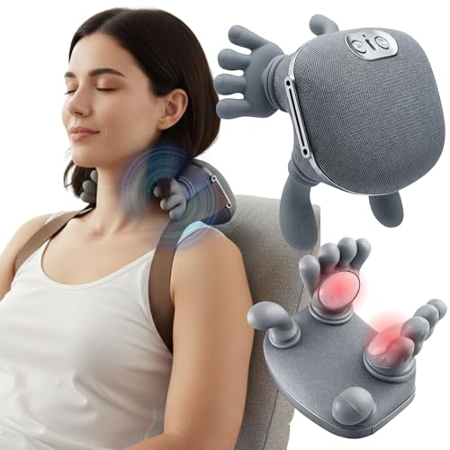 LIVINGPRO Neck & Shoulder Massager with Heat Deep Tissue Shiatsu with Bionic Palm 4D Kneading Simulated Human Hand Massage 3 Adjustable Intensities Portable Pain Relief for Home & Office