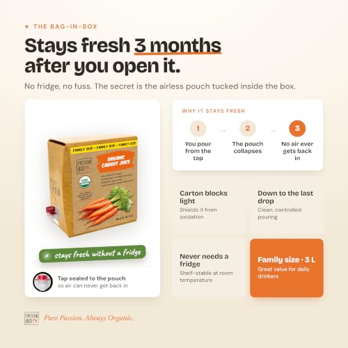 Image of Passion Bio Organic Carrot Juice, Fermented, Bag-in-Box, 101.4 fl oz | 100% pure organic carrot juice . lactic-acid fermented . smooth balanced flavor . no added sugar . vegan . 101.4 fl oz