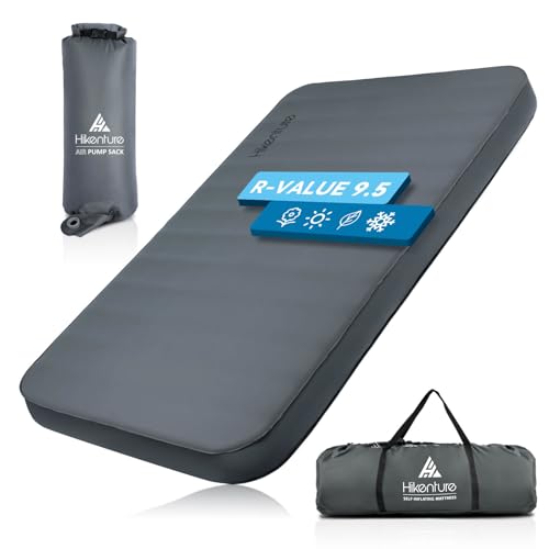 Hikenture Extra Thick Double Self Inflating Sleeping Pad, 9.5 R Camping Mattress 2 Person, Inflatable Foam Camping Pad with Pump Sack, Portable 4 in Thickness Comfort Plus Camping Mat for 4-Season