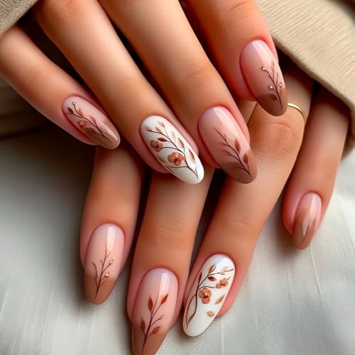 Press on Nails Short Almond Fall Fake Nails with Flower Designs...