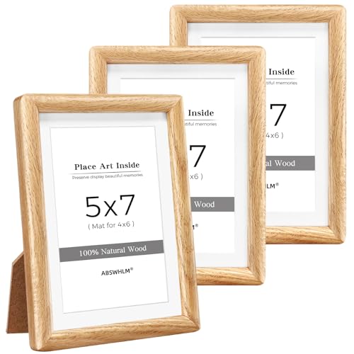 5×7 Oak Wood Picture Frame with Mat for 4×6, Solid Wood Frame with Tempered Glass – Wall Mount & Tabletop Display – Modern Design for Home & Office Decoration (Set of 3)