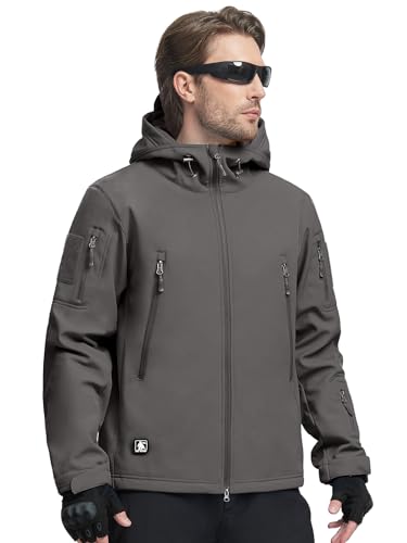 FREE SOLDIER Herren Winterjacke Military Softshell Jacken Outdoor Fleecefutter Winddichte Wasserdichte Jacke mit Kapuze Warme Taktische Jacken mit Mehreren Taschen für Jagdausflüge (Grau,2XL)
