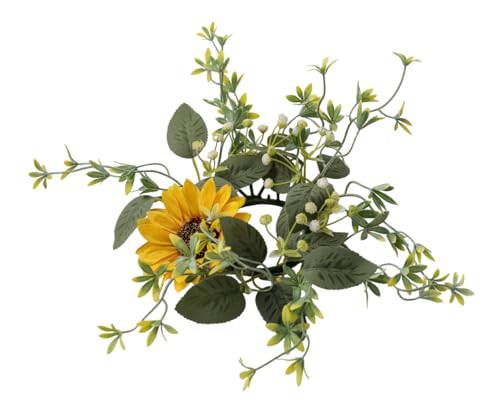 Sunflower Candle Ring, 2 Pack Candle Wreaths Rings 3 Inch Center, Artificial Yellow Flower Leaves Wreath Pillar Candleholder for Wedding Home Tabletop Decor