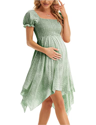 Maternity Summer Short Puff Sleeve Floral Maternity Dress, Square Neck Flowy Irregular Hem Baby Shower Dress Green L #TOP1