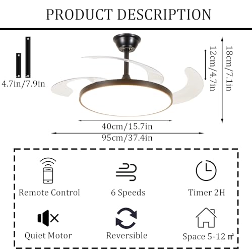Ventilateur de plafond rétractable noir LED 118 cm avec télécommande - 7