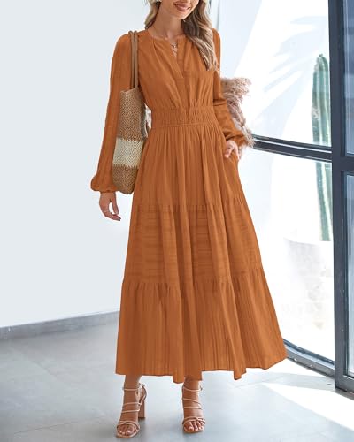 BTFBM Fall Dresses for Women 2025 Casual Long Sleeve V Neck Elastic Waist Lightweight Maxi Wedding Guest Dress Pockets