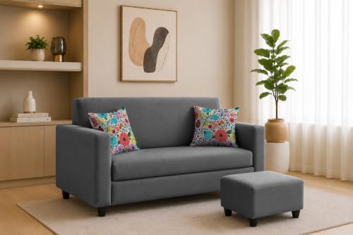 Image of Rosebell 2 Seater Sofa with Ottoman | Living Room Couch | with Printed Cushions | Sofa for Home, Apartment & Office-Grey Color