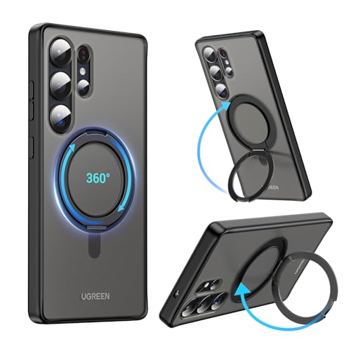 UGREEN Samsung Galaxy S25 Ultra Case MagSafe Cover [Innovative 360 Ring Stand] [No Yellowing with iCrystal Tech] [MIL-Grade Protection] Magnetic Protective Slim Case Black Frame with Matte Back