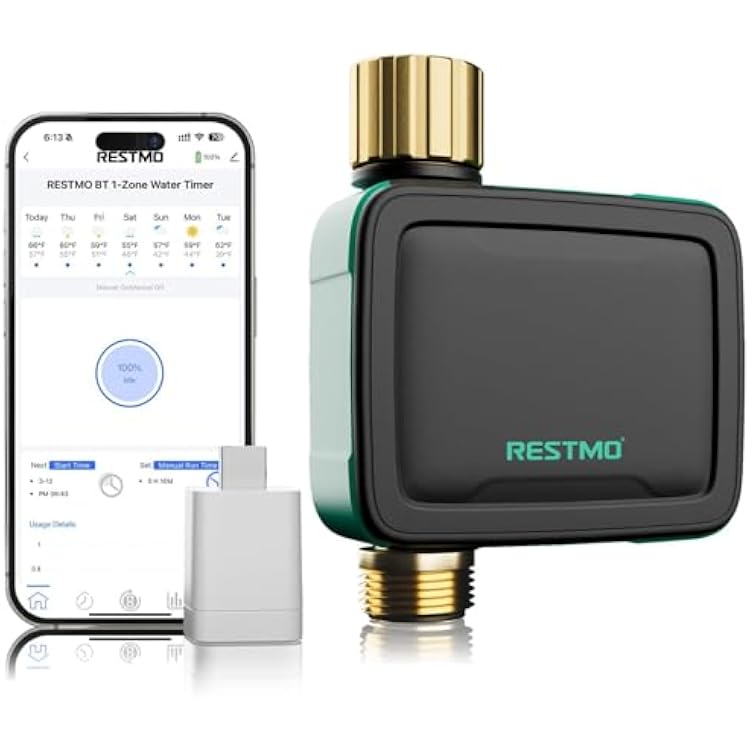 RESTMO Brass Inlet & Outlet Smart Sprinkler Hose Timer With Flow Meter, Water Timer For Garden Hose With APP Remote Control (2.4GHz WiFi Connection), Automatic Drip Irrigation System For Lawn, Yard