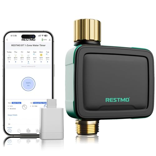 RESTMO Brass Inlet & Outlet Smart Sprinkler Hose Timer with Flow Meter, Water Timer for Garden Hose with APP Remote Control (2.4GHz WiFi Connection), Automatic Drip Irrigation System for Lawn, Yard