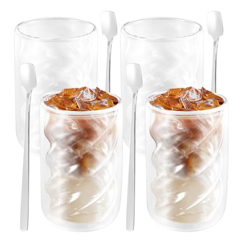 JEJUWE 4Pcs Double Walled Coffee Mugs 320ml Clear Latte Macchiato Glasses with Spoons Iced Coffee Glasses for Hot Cold Beverages Milk