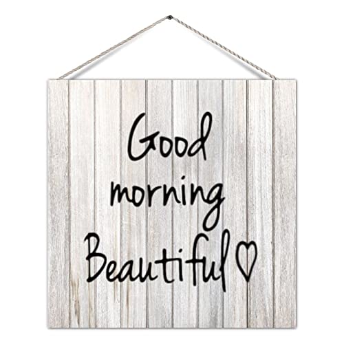 Farmhouse Style Wood Sign Good Morning Beautiful Rustic Wood Sign Plaque Wooden Hanging Plaque with Rope Vintage Home Sign Distressed Look Wall Decor Home Decor for Bedroom, Light Brown, 6in