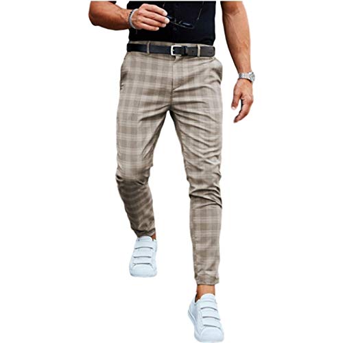 Plaid Trousers Men,Men's Casual Skinny Trousers Slim Fit Track Pants Jogging Tracksuit Bottoms Jogger Trousers (Color : Khaki, Size : Large)