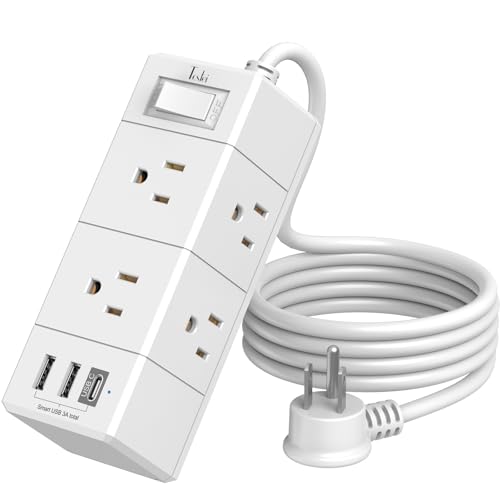 5Ft Outlet Extender Power Strip - Tcstei Flat Plug Extension Cord with 6 Outlets and 4 USB Ports(1 USB C), 3 Side Wall Mount Outlet Extender for Home Dorm Room Essentials, ETL Listed, White