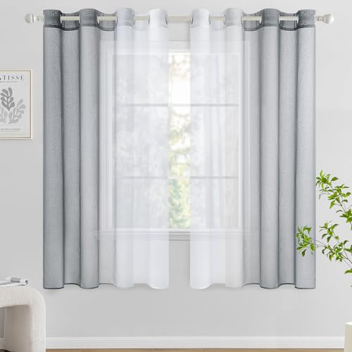 Woaboy Cortina Corta Ventana Translúcida Visillo Dormitorio con Ojales Moderno Decorativas Poliéster Visillos Degradado Gradiente para Habitación Salon 2 Piezas 140x175cm Gris