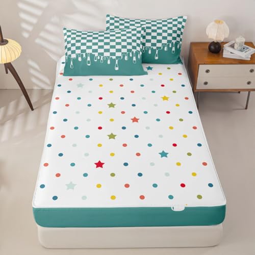 Image of Teal Checkered Full Complete Bedding Set Bed in a Bag,Checkerboard Drip Zipper Comforter Set with Fitted Sheet & Pillowcases Pet Friendly,Y2K Aesthetic Modern Geometric for Kids & Teens Zip Up Blanket