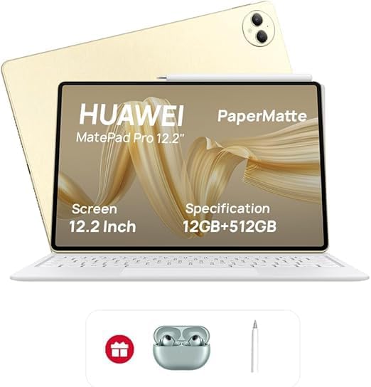 MatePad Pro 12.2" PaperMatte Tablet, 2.8K Tandem OLED 144 Hz FullView Display, Large battery, Super Charge, Wifi, 12GB+512GB, HUAWEI Glide Keyboard, Professional GoPaint APP, Gold + Gifts