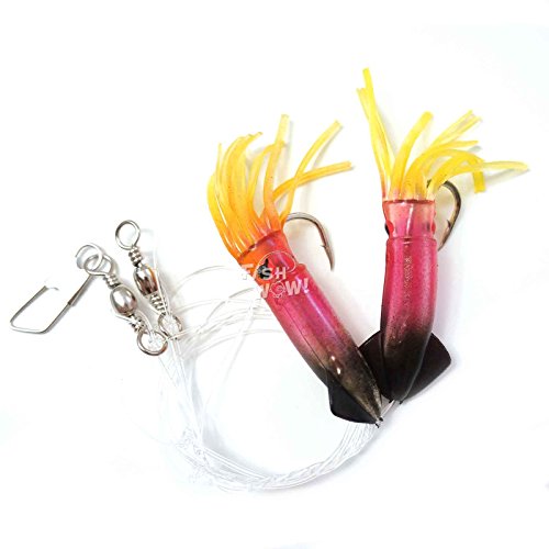 10 Packs - 3" Fishing Rock Cod Rig Twin Bulb Squids Rockfish Bait Soft Lure -5 Colors- Pink, Purple, Blue, Red/Black, Glow In The Dark #TOP4