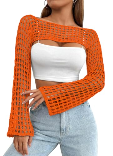 Image of Womens Crochet Shrug Y2K Hollow Out Bolero Shrug See Through Cropped Knit Sweater Top