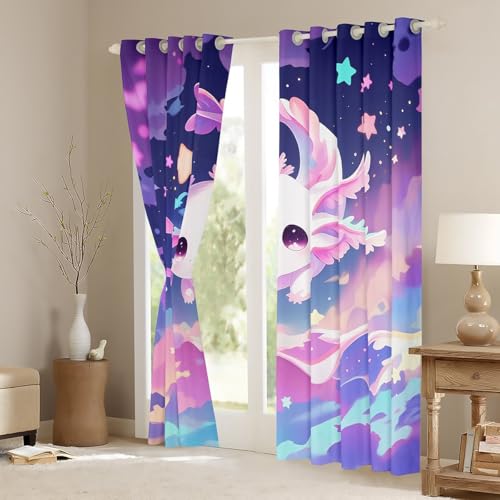 Erosebridal Pink Kawaii Axolotl Window Curtains Cute Axolotl 42" Wx63 L Blackout Curtains Cartoon Salamander Animal Curtains & Drapes for Kids Girls Women,Rainbow Cloud Stars Wildlife Curtains by Erosebridal - Image 4