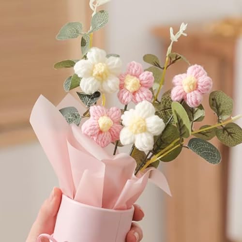 Image of Artificial Crochet Flowers Bouquet - Handmade Knitted Floral Arrangement with Decorative Leaves | Tabletop Home Decor, Desk, Valentine Day Gift for Girlfriend