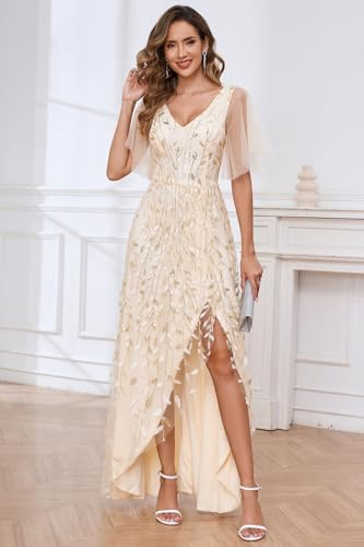 Women's Ruffle Sleeve Mother of The Bride Dresses for Wedding V Neck Sequin Long Evening Formal Gown with Slit4