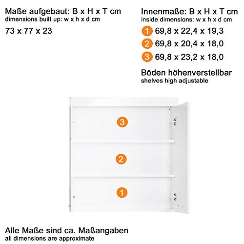 Trendteam Smart Living Amanda Bathroom Wall Cabinet, 73 x 77 x 23 cm, White / High-Gloss White with Lots of Storage Space