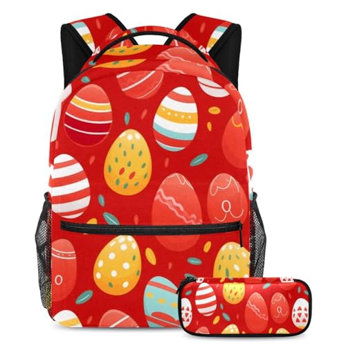 Cartable ensemble 2 pièces avec sac à dos école et trousse œufs de Pâques rouge multicolore