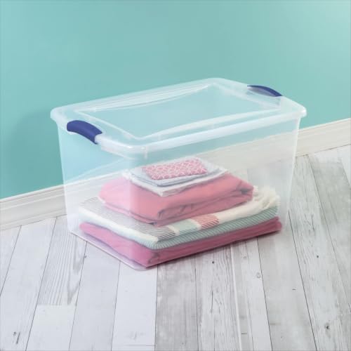 Image of Storage Bins 66 Qt Clear Latching Lid Stackable 6 Pack for Closet. | Clear Construction with Color Latches - Easy to see contents without opening. Color latches keep lids securely attached.