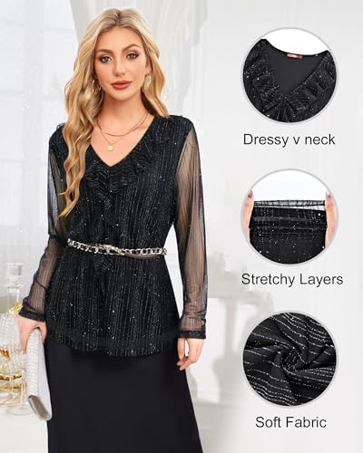 Gaharu Women's Dressy Blouses Long Sleeve Ruffle Shirts Casual Loose Fit Mesh Double Layers Flowy Tunic Tops4