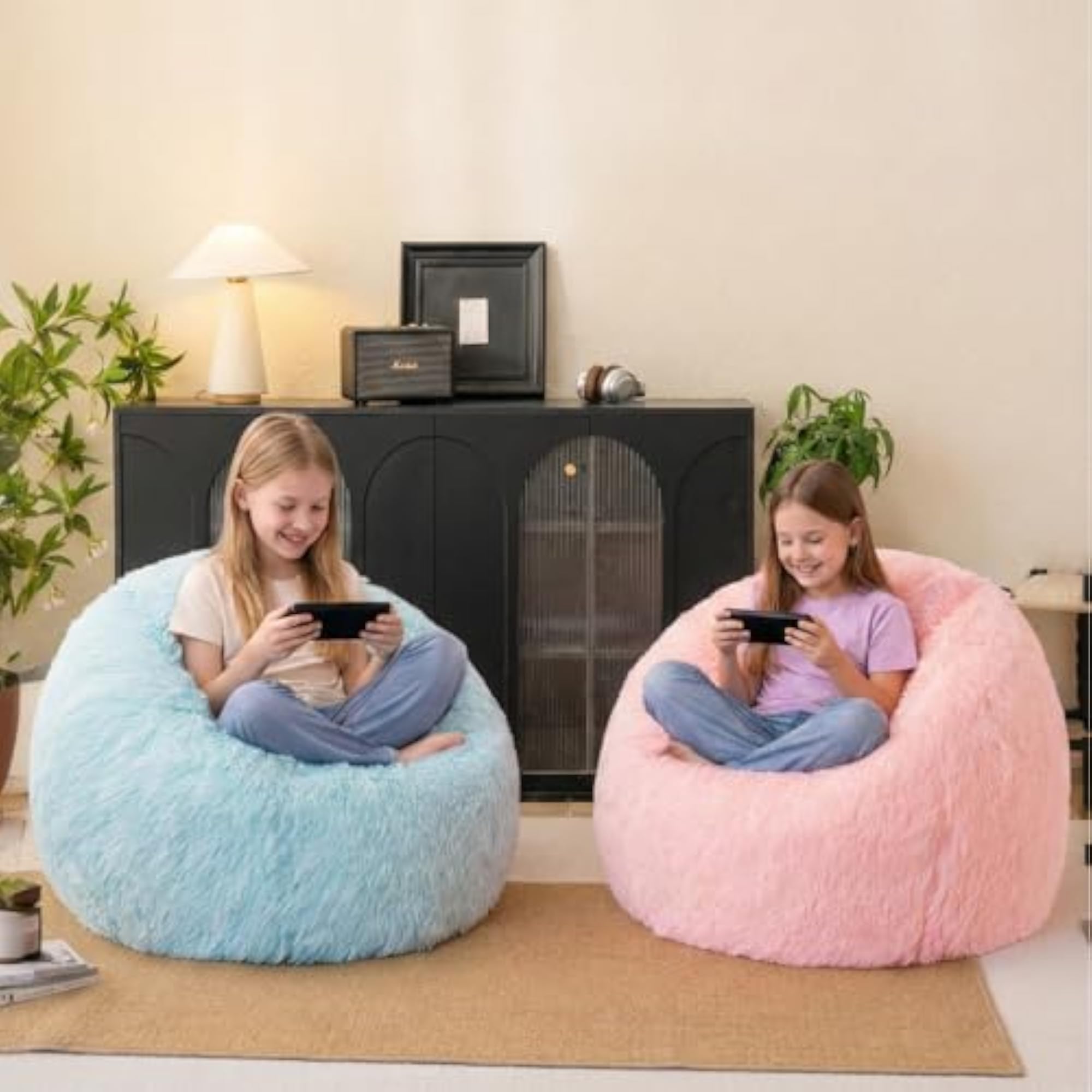Fluffy Faux Fur Bean Bag Chair Cover, Pink