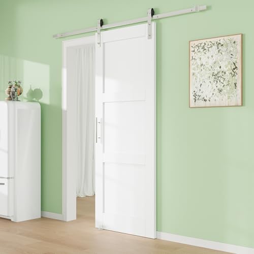 Image of 36 inch x 80 inch 3-Lites Solid Core MDF Panel Barn Door with Trimmable 72 inch Track Kit, Paintable Sliding Barn Doors for Closet Kitchen Bedroom Excellent Sound & Thermal Insulation, Nickel-Plated Hardware Kit